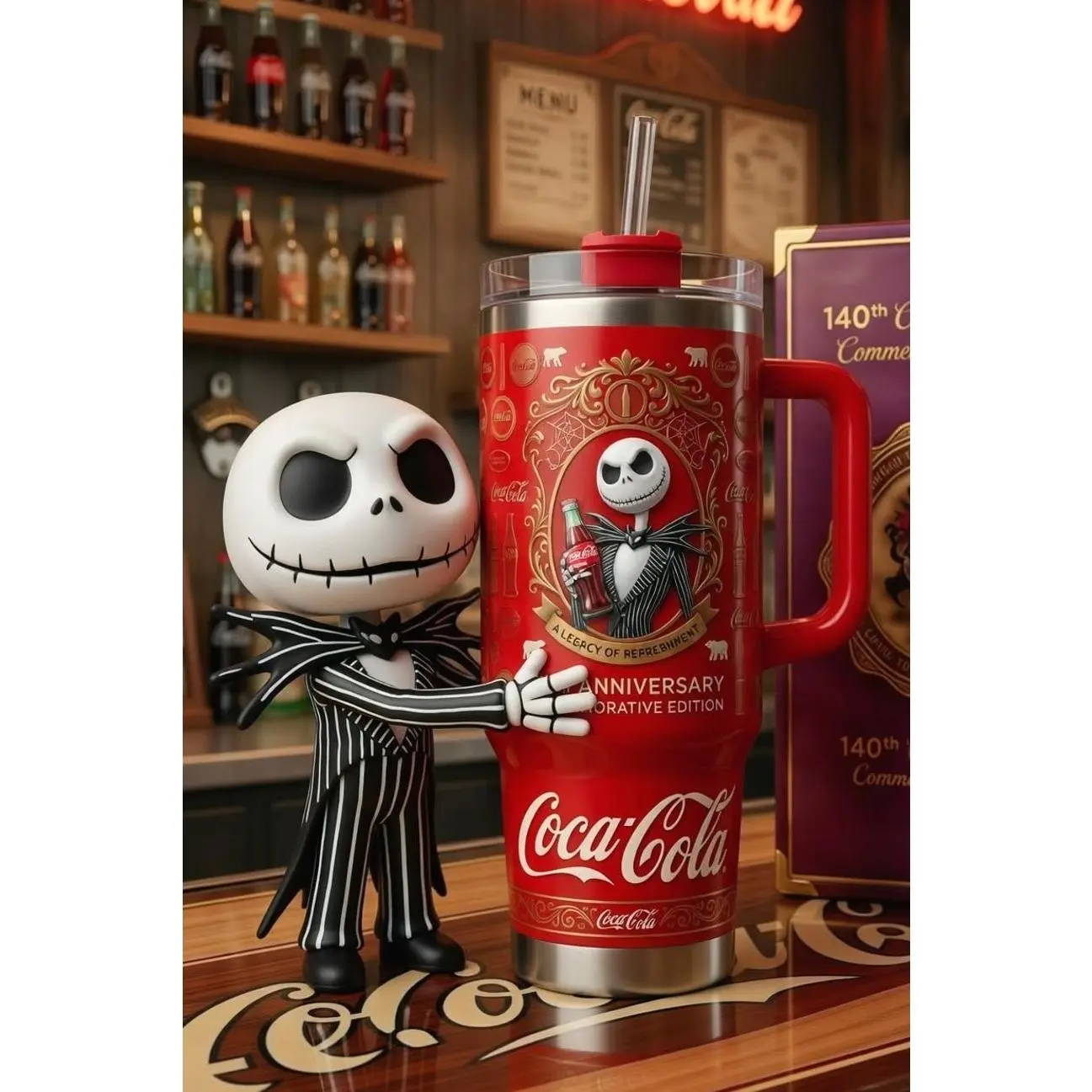 Coca Cola x Jack Skelington Anniversary 40oz Travel Tumbler, Halloween Stainless Steel Car Mug, 140th Anniversary Retro 1886-2026 Soda Merch with Handle, Insulated Ice Cup with Straw, Perfect Father's Day Birthday Gift for Outdoor Dads