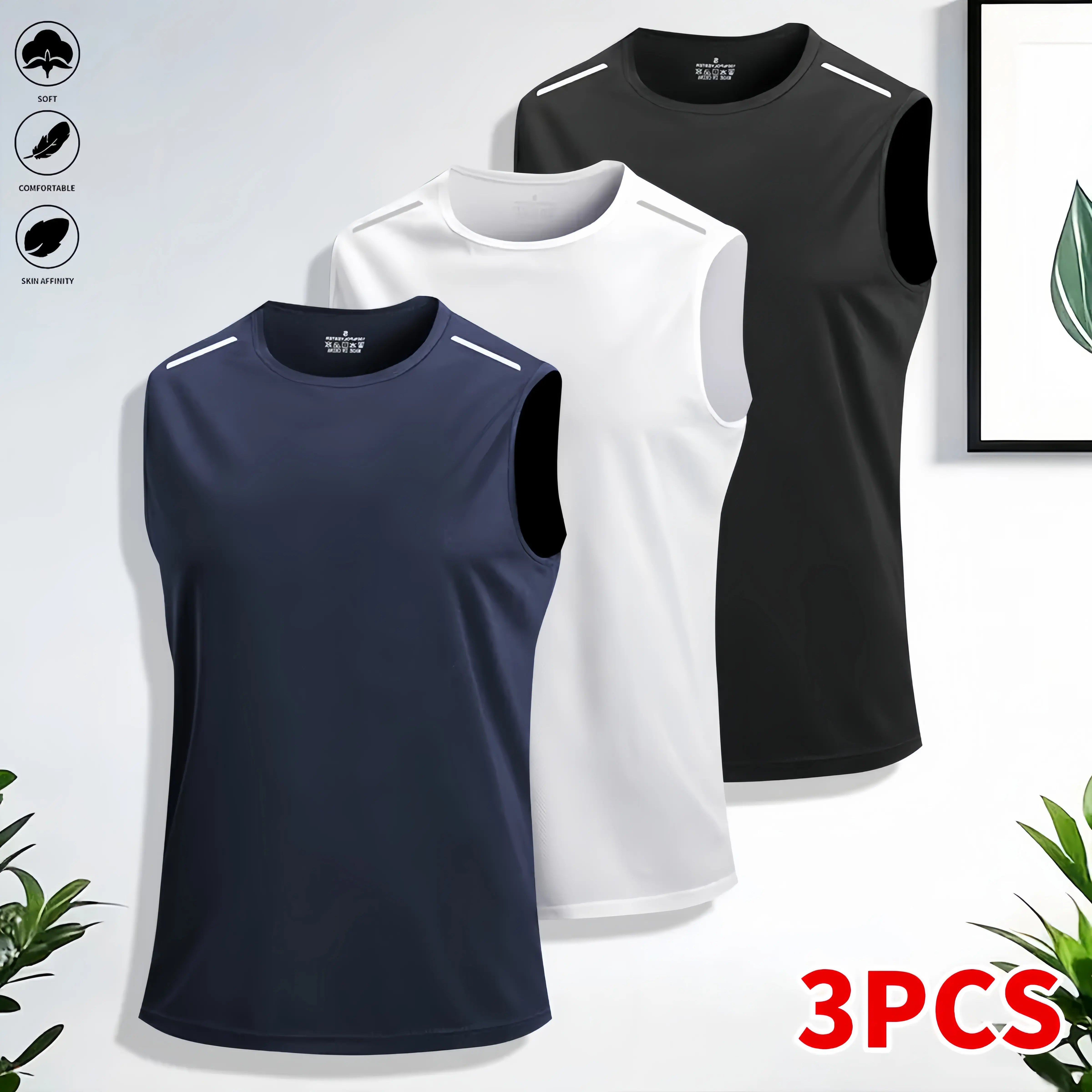 Men’s three-pack sleeveless athletic T-shirts with a minimalist solid color design—breathable and comfortable for everyday wear, running training, and outdoor fitness. graphic, Workout Vest, Fitness Activewear Dry Fit Wicking, Dry Fit Active, Yoga Gym Act