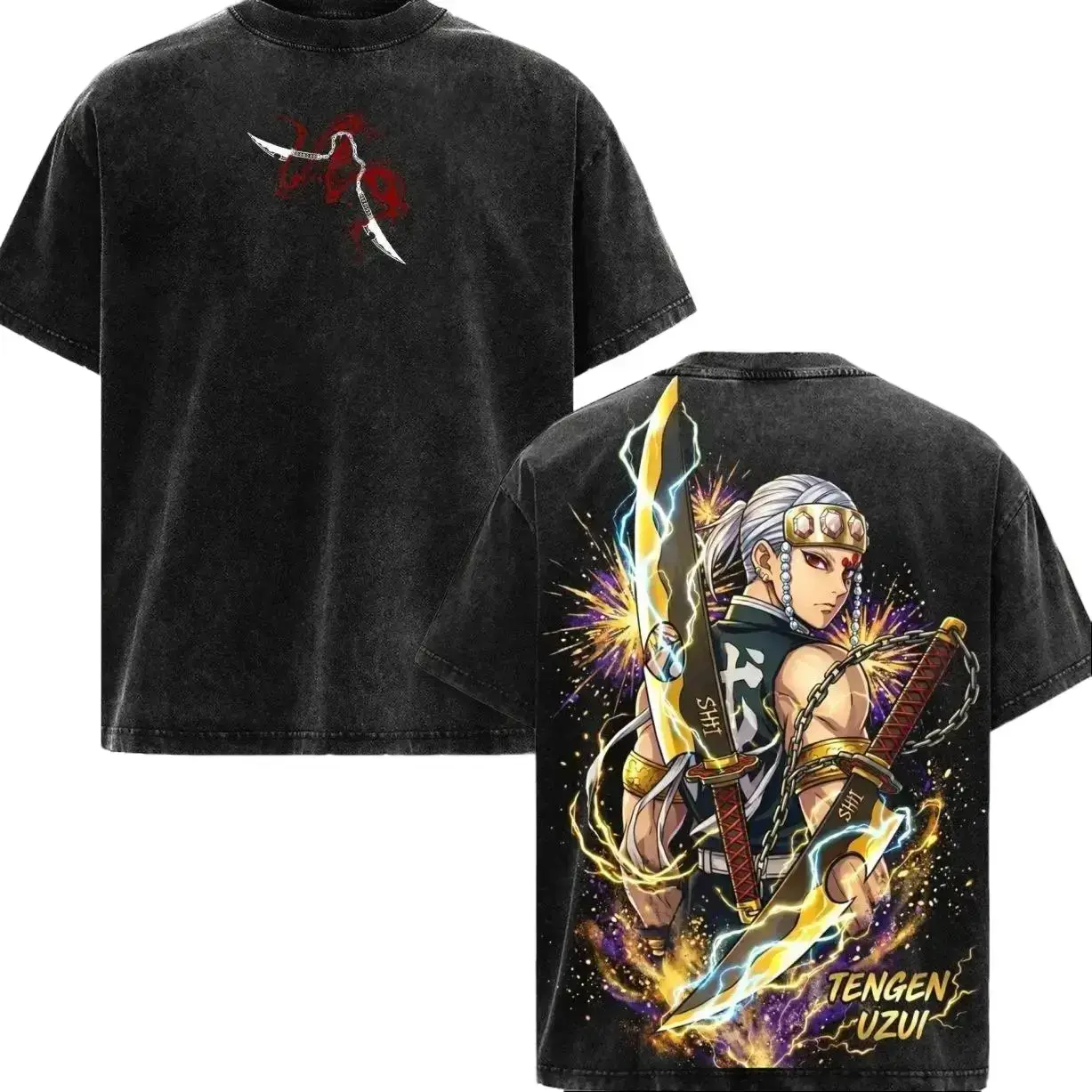 Tengen Uzui Graphic Tee 230gsm Premium Cotton Vintage Washed Oversized Anime Shirt Men Women Sound Hashira Streetwear Y2K Retro Acid Wash Top Kimetsu No Yaiba Otaku Gifts Gym Pump Cover Casual Apparel Clothing Everyday Outfits Flashy Style