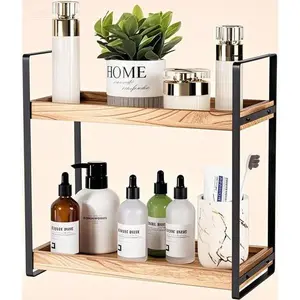 2-Tier Wooden Shelf for Bathroom Countertop, Standing Vanity Organizer with Cosmetic Storage, Space-Saving Countertop Tray, Decorative Bathroom Shelf for Makeup and Jewelry Organization