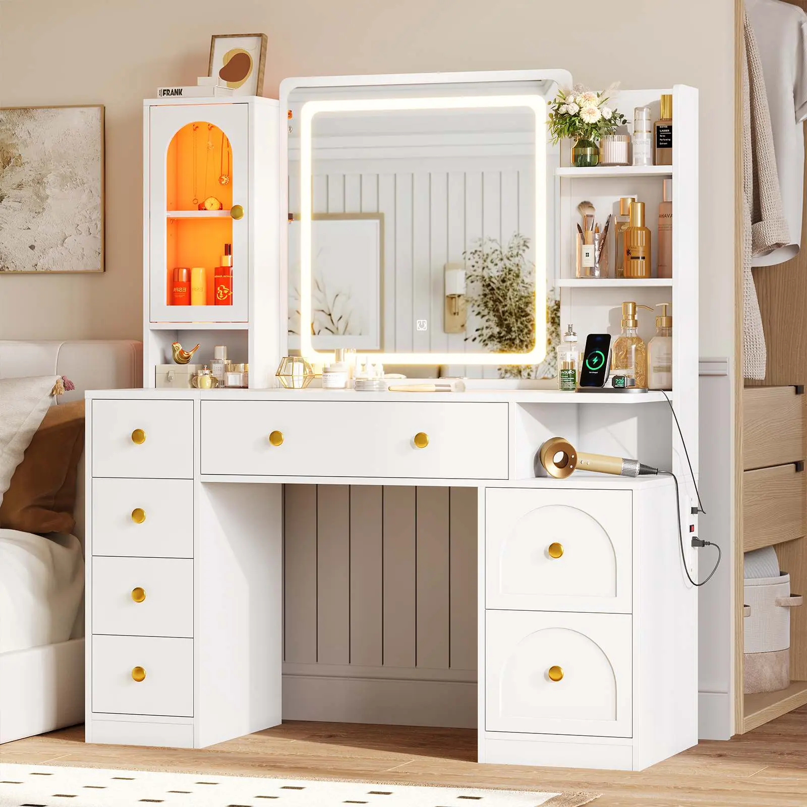 SIKAIC 8-Drawer Vanity Table Set - Built-in LED Light Bar Makeup Vanities with Large Storage, Bedroom Indoor Furniture for Beauty Organization