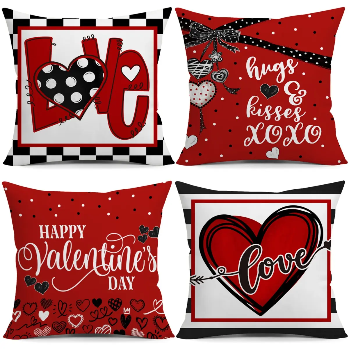 Happy Valentine'S Day! A Set of 4 Decorative Pillow Covers Featuring White Polka Dots And Black Heart Bows, Perfect for Weddings, Anniversaries