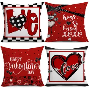 Happy Valentine'S Day! A Set of 4 Decorative Pillow Covers Featuring White Polka Dots And Black Heart Bows, Perfect for Weddings, Anniversaries