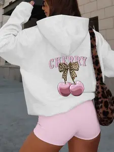 Two-Piece Set Leopard Print Cherry Print / Letter Print Loose Fit Hoodie, Sweatshirts, Casual Suit for Fall & Winter, Ladies Clothes for Daily Wear