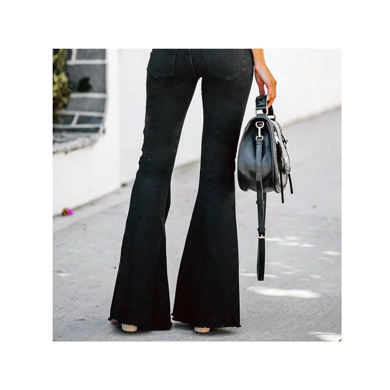 Women's Black Raw Hem Fringe Flare Jeans - Wide-Leg Distressed Bell-Bottom Denim Pants with Button Closure, Boho-Chic Fringe Hem & All-Season Wear for Casual & Formal Outfits (Machine Washable) - Boho Western Style