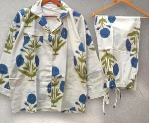 Block Printed Floral Pajama Set | Indian Hand Block Print Cotton Sleepwear | Nightwear Gift for Her