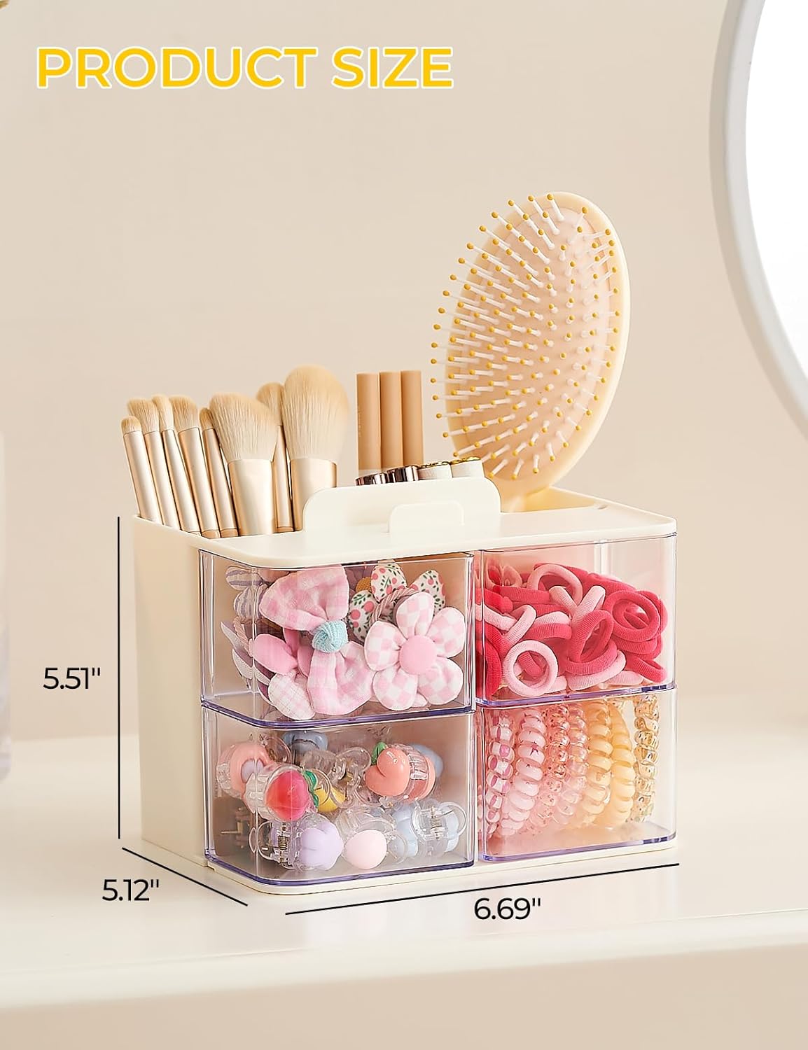 Hair Accessories Organizer with Hair Brush Holder, 4 Drawer Rotatable Hair Tie Organizer for Makeup Brushes, Hair Clips, Earrings, Necklaces, Bracelets and Hair Accessories, White, 2-Layer