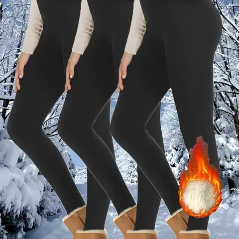 Women's 3pcs Fleece-Soft Warm High-Waisted Elastane Knitting Thermal Leggings with Pockets - Black, Blue, Red Athleisure Wear, Comfortable Gym Outfits for Autumn Winter Outdoor Sports & Indoor Use