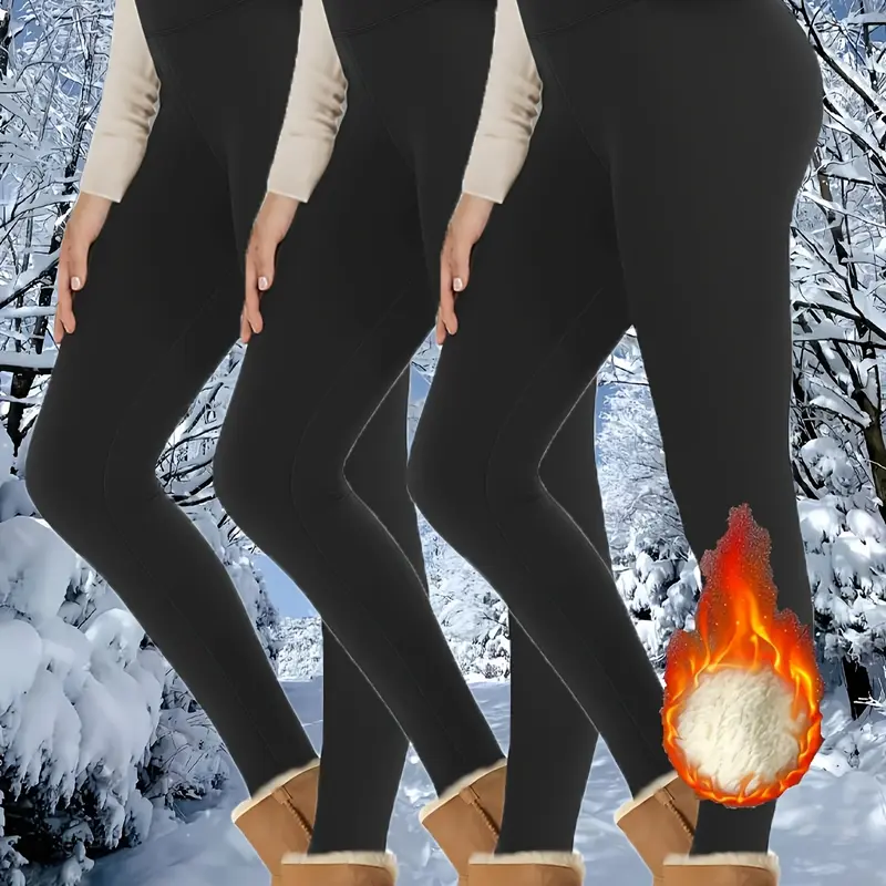 Women's 3pcs Fleece-Soft Warm High-Waisted Elastane Knitting Thermal Leggings with Pockets - Black, Blue, Red Athleisure Wear, Comfortable Gym Outfits for Autumn Winter Outdoor Sports & Indoor Use