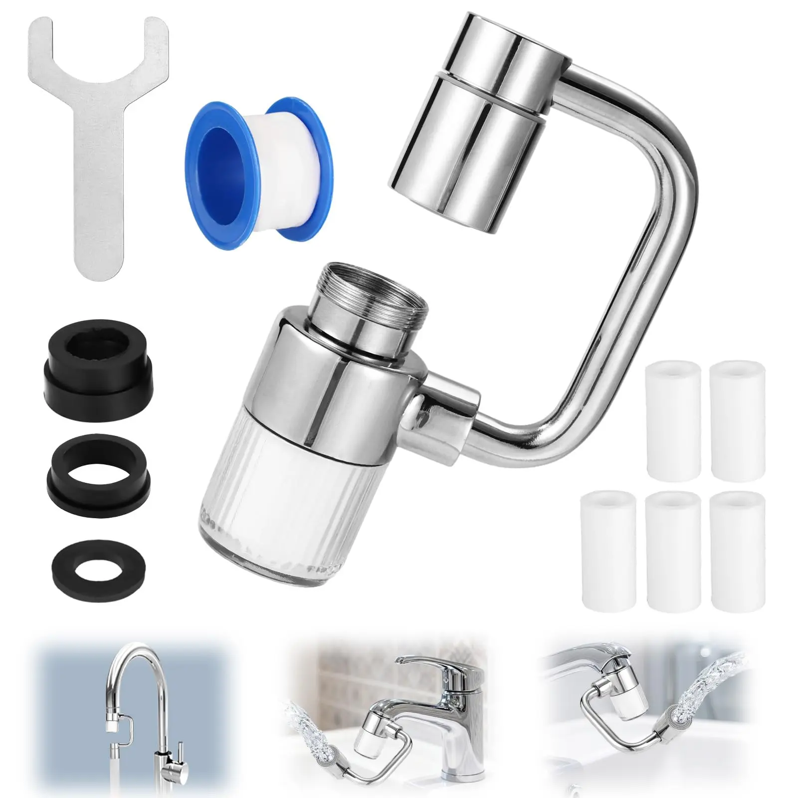 360° Rotating Faucet Extender with Adapter – Multifunctional Sink Spray Head for Bathroom & Kitchen Sinks (Equipped with a 6-inch sink filter and 2 spray modes)，With 5 Filter Element tiktokshopbacktoschool