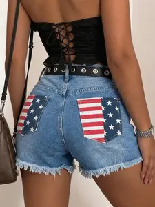 Women's Summer Trendy Jean Shorts, Usa Flag Pocket Print Stripe, Frayed Hem, High-Waisted, Fitted, Sexy Super Short Pants, Independence Day Casual Streetwear