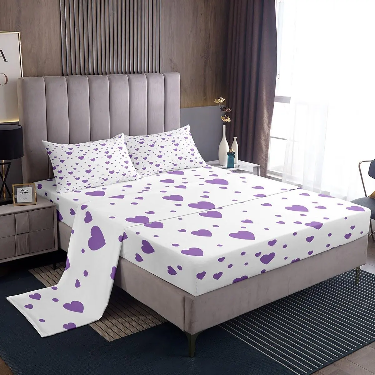 Hearts Sheets Deep Pocket Fitted Sheet,Purple Hearts Bed Sheets Set Cute Love Hearts Sheet Set Purple and White Bedding Set