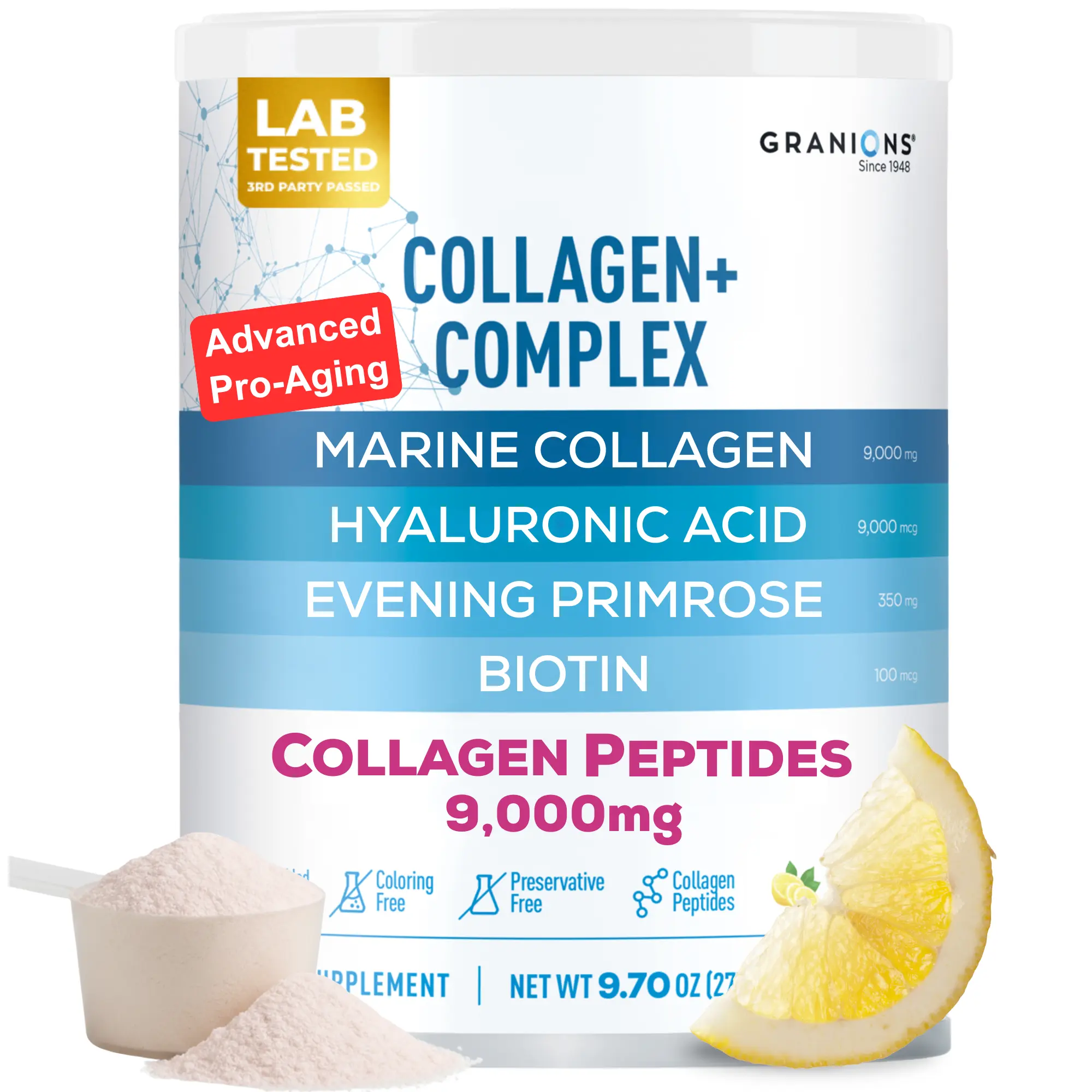 Marine Collagen Powder – 9g Hydrolyzed Collagen, Biotin, Hyaluronic Acid, Vitamin C & Antioxidants – Lemon 9.7oz
