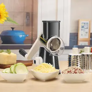 Cambom Rotary Cheese Grater Hand Crank with Non-Slip Suction Base, Three Blades for Fresh Cheese, Vegetables, Nuts, BPA-Free, Dishwasher Safe, Black
