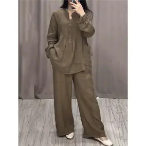 Women's 2 Piece Set Fashion Office Lady Cotton Linen Long-sleeve Casual Loose Wide-leg Pants Suit 2024 Spring Autumn Women Sets