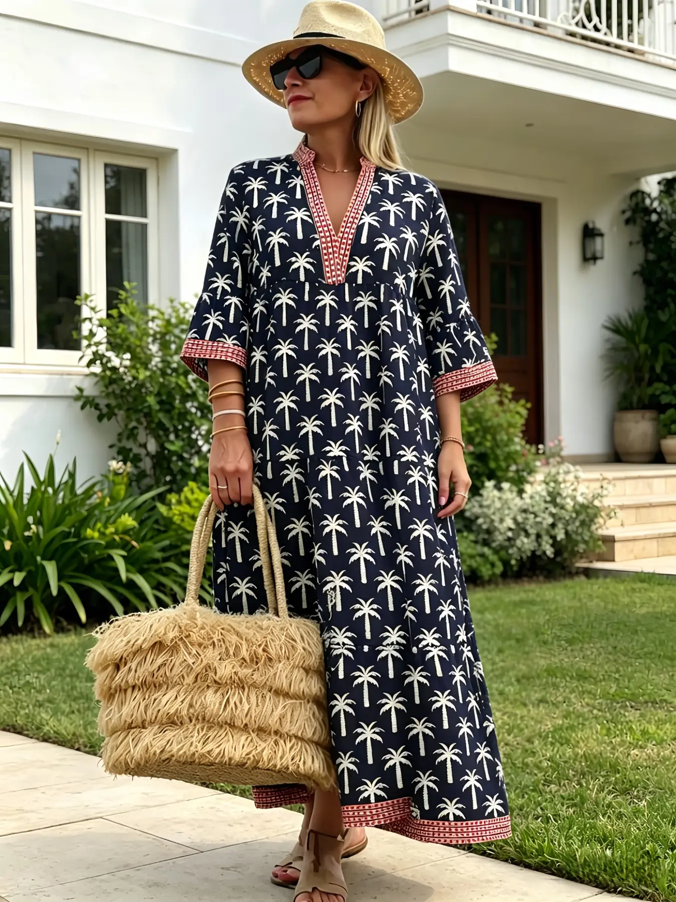 Elegant Boho V-Neck Long Dress for Women, Loose-Fitting Geometric Patchwork Design, All-Over Print Casual Holiday Wear