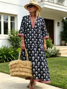 Elegant Boho V-Neck Long Dress for Women, Loose-Fitting Geometric Patchwork Design, All-Over Print Casual Holiday Wear