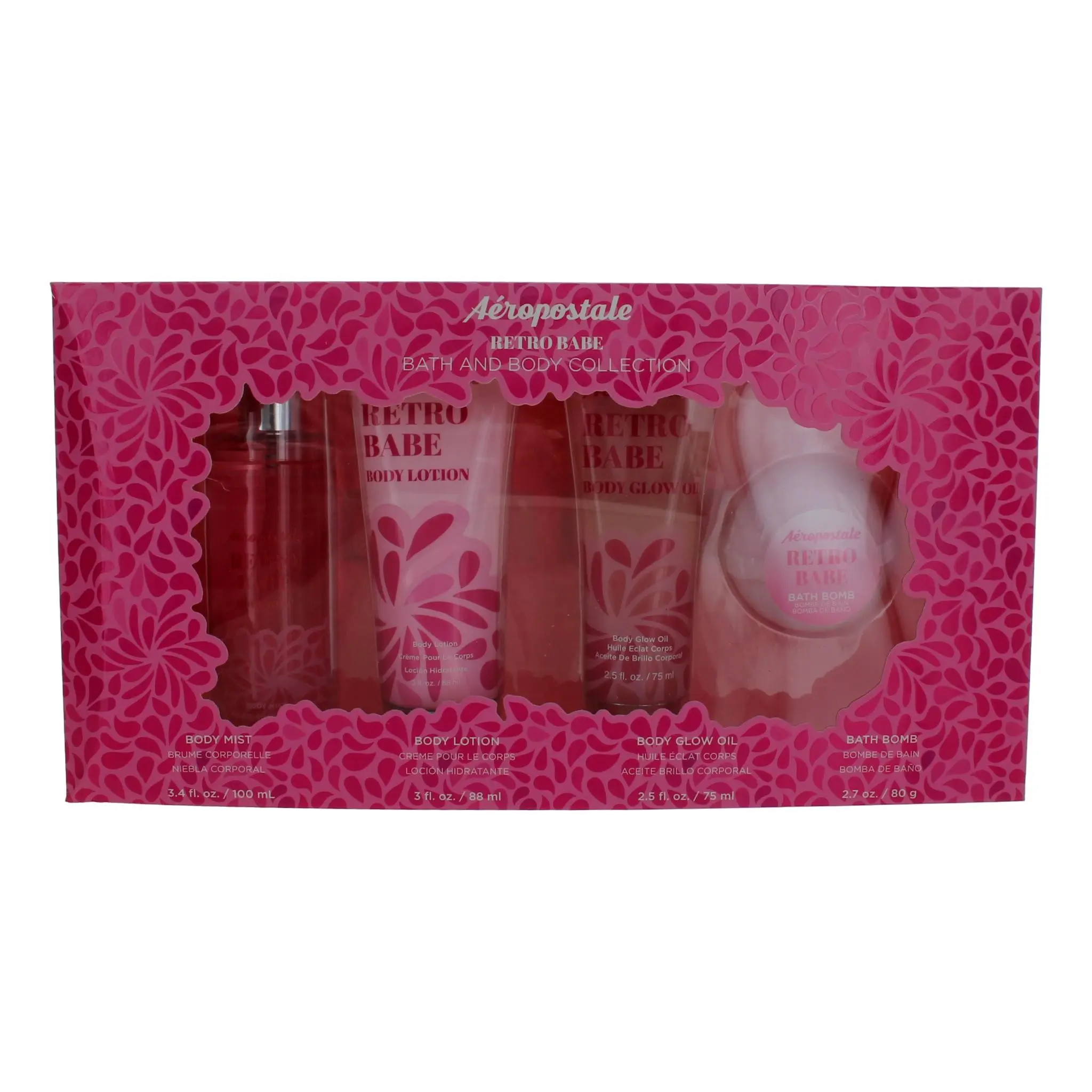 Aeropostale Retro Babe 4-Piece Body Care Gift Set - Gift Ready, Includes Body Mist, Lotion, Glow Oil, Bath Bomb