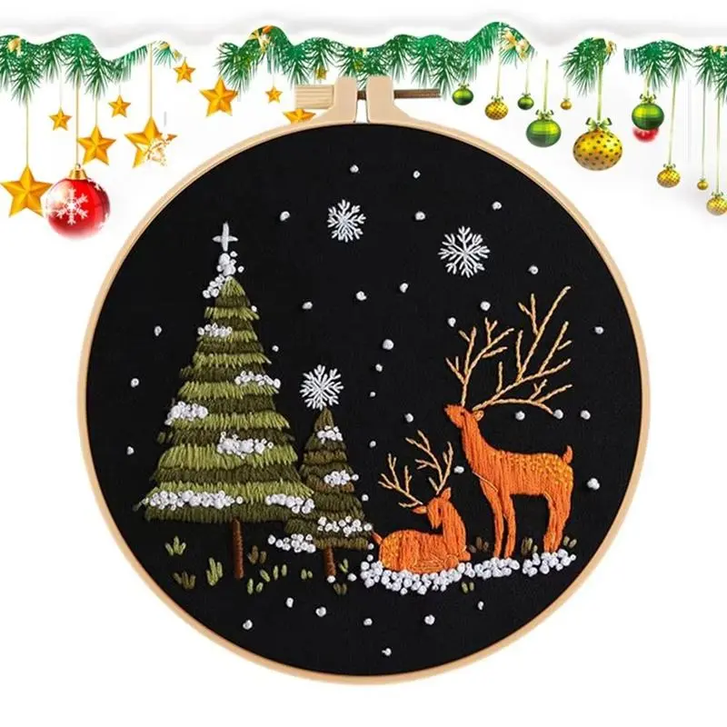 Christmas Needlework Kits Snow Scene Embroidery Beginner Kit Holiday Decorations for Kitchen Living Room Desktop Window D