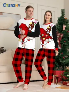 Women's Christmas Pajama Set, Plaid Long Sleeve Sleepwear, Round Neck Striped Nightgown, Casual Home Wear, 2 Piece