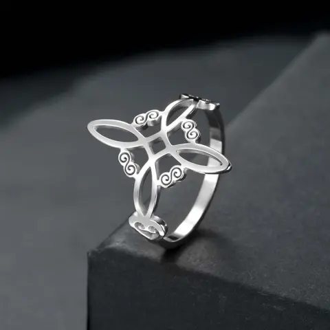 Stainless Steel Witch Knot Metal Ring - Hollow Engraving, Mystical Artificial Gemstone, Unisex Beautiful Dark Aesthetic Ring, Size 6-11, Number 9, Birthday Anniversary Protective Everyday Jewelry Gift for Adults