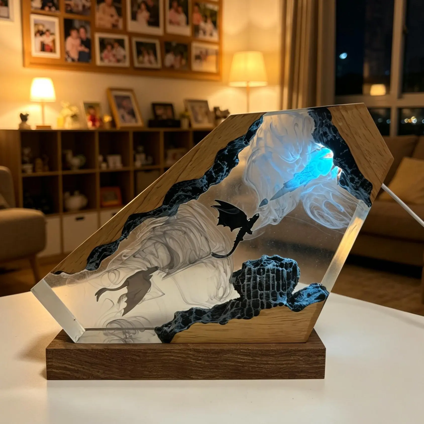 Toothless Light Fury Resin Night Light Toothless Flaming Ball Handmade Resin Lamp USB-Powered with Controller Adjustable  Multicolor LED Decorative Lamps, Bar Counter Living Room Decor Colorful Ambiance Lighting, Romantic Gifts for Christmas Birthday