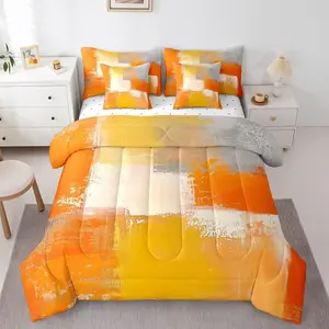 White Gray Orange Comforter Set,7pcs Aesthetic Bed in a Bag,Watercolor Bedding Comforter Sets,(1 Comforter,+ 1 Fitted Sheet + 1 Flag Sheet + 2 Pillowcase + 2 Throw Pillow Cover), 7-Piece Bundle