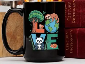 Love Earth mug, Earth Day mug, planet mug, cute animal mug, sloth panda fox squirrel mug, nature lover gift, tree hugger gift, wildlife mug