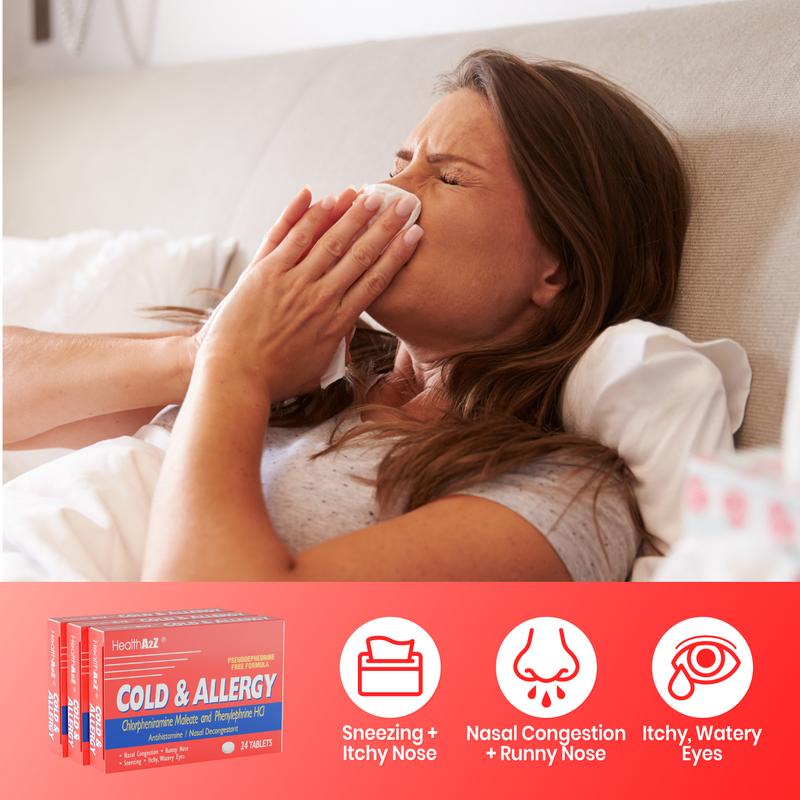 HealthA2Z Day & Night Cold Bundle | Cold & Allergy Chlorpheniramine + PE (72 Tablets, Pack of 1) + Ibuprofen (250 Tablets, Pack of 1) + Pain Relief PM Acetaminophen 500 mg (150 Caplets, Pack of 1) + Vitamin D3 + K2 (Coconut Oil) (90 Softgels, Pack of 1)