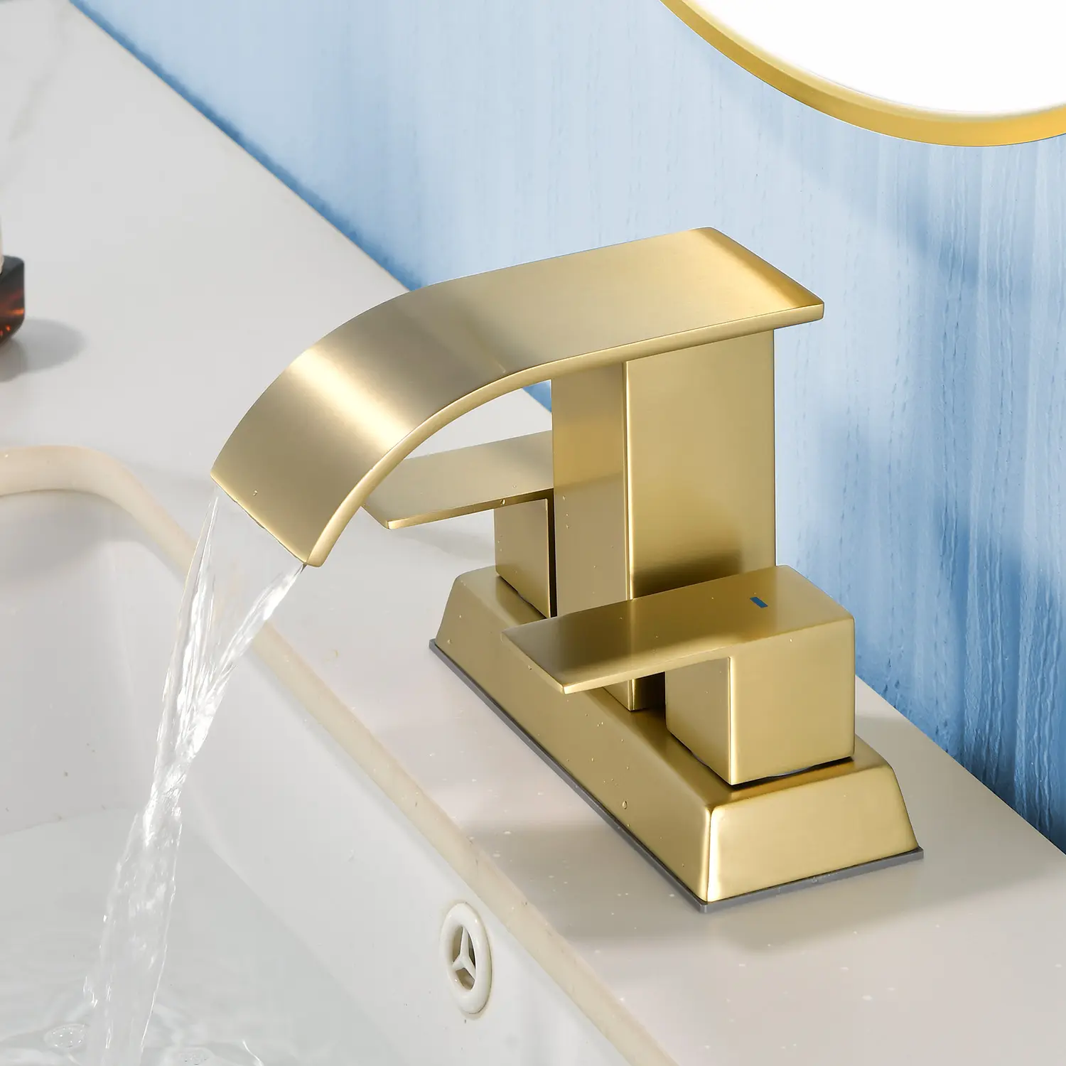 Modern Bathroom Faucet - 4" Centerset Waterfall 2-Handle Basin Tap with Pop Up Drain, Adjustable Flow Control, Available in Matte Black, Brushed Nickel, Brushed Gold Stainless Steel for Hot/Cold Water