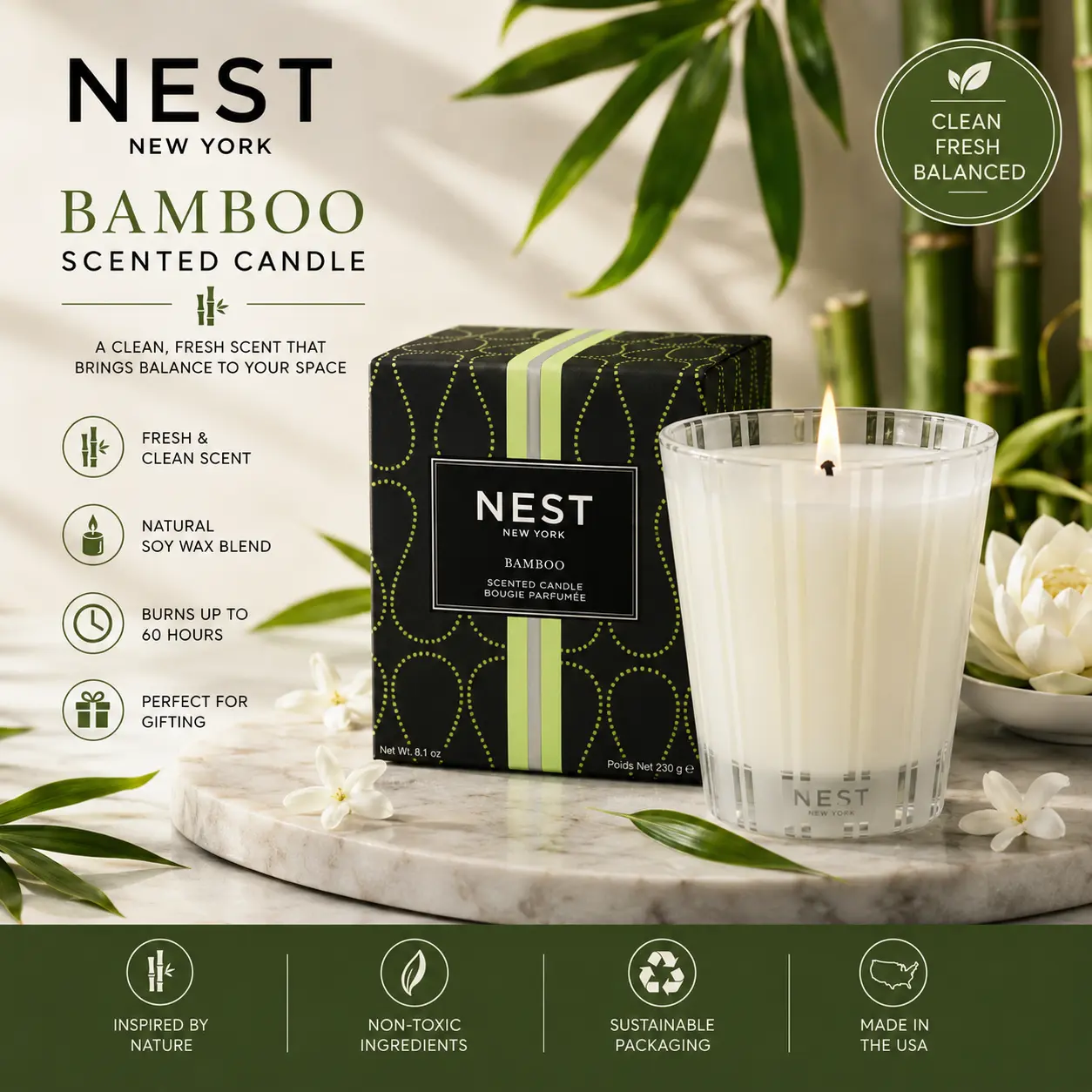[Free Ship] Pack 2 NEST Fragrances Candle | NEST 3-Wick Candle - 21.2 oz | Scent Bamboo | Scent Candle | Home Decoration | Burn Time Up To 100 Hours | Warm and romantic for the room | Deodorize the room | Relaxing Scent