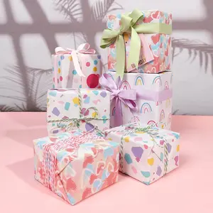 Kawaii Pastel Wrapping Paper Roll, Cute Rainbow & Sun / Heart / Polka Dot Gift Wrap for Girls, Aesthetic Macaron Color Packaging for Kids & Baby Shower, 1 Roll