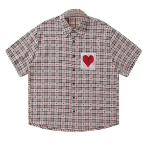 Cut-Out Heart Short Sleeve Shirt Collar Button Down Plaid Casual Tshirt Tops Shortsleeve