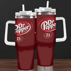 Dr Pepper 40oz Tumbler with Handle, 3D Bubbles Soda Pop Quencher, Authentic 23 Flavors Travel Mug, Retro Cola Insulated Steel Cup