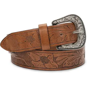 Adjustable-Vintage-Western-Cowboy-Belt Women Men - Cowboy-Style Engraved-Buckle Belt for Jeans Pants Dresses