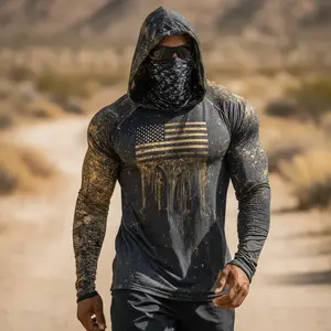 [New product] Professional men's long-sleeved hoodie, black gold splashed paint national flag mask integrated long-sleeved T-shirt, breathable outdoor facial protection Casual Athletic Apparel drip clothing