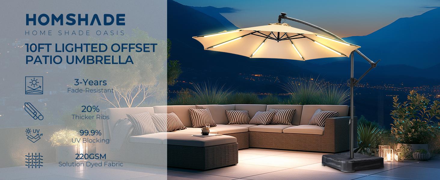10ft Solar Lights Offset Cantilever Patio Umbrella - with Light and Base, LED Lighted Offset Hanging Patio Outdoor Market Umbrella UPF50+ UV Protection with Easy Tilt and Crank for Pool Deck & Garden