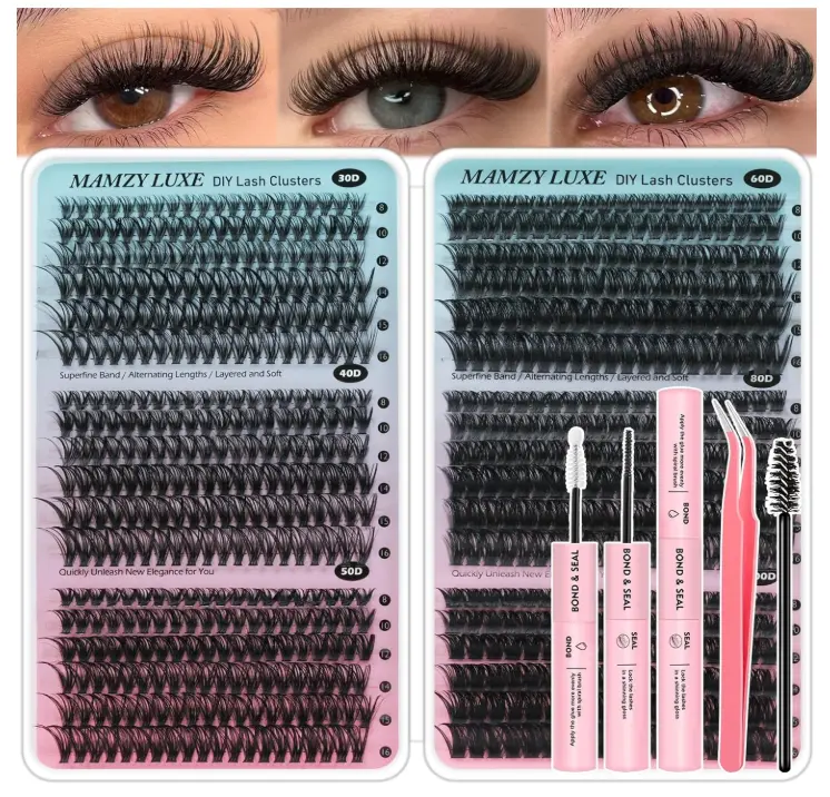 Lash Clusters Kit 708Pcs Individual Cluster Lash Extensions Kit 30D+40D+50D+60D+80D+100D Wispy Eyelash Clusters with Lash Bond and Seal and Tweezers 10-16mm 6 Styles Mix Lashes Clusters Kit