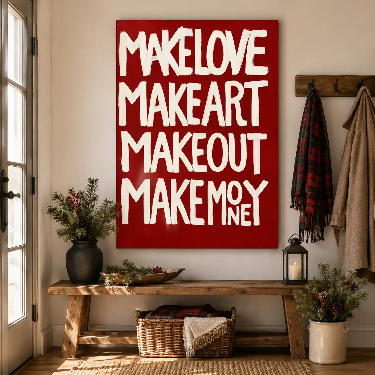 Make Love Make Art Typography Print – Bold Red Wall Art, Modern Inspirational Poster, Edgy Motivational Quote Print, Statement Art