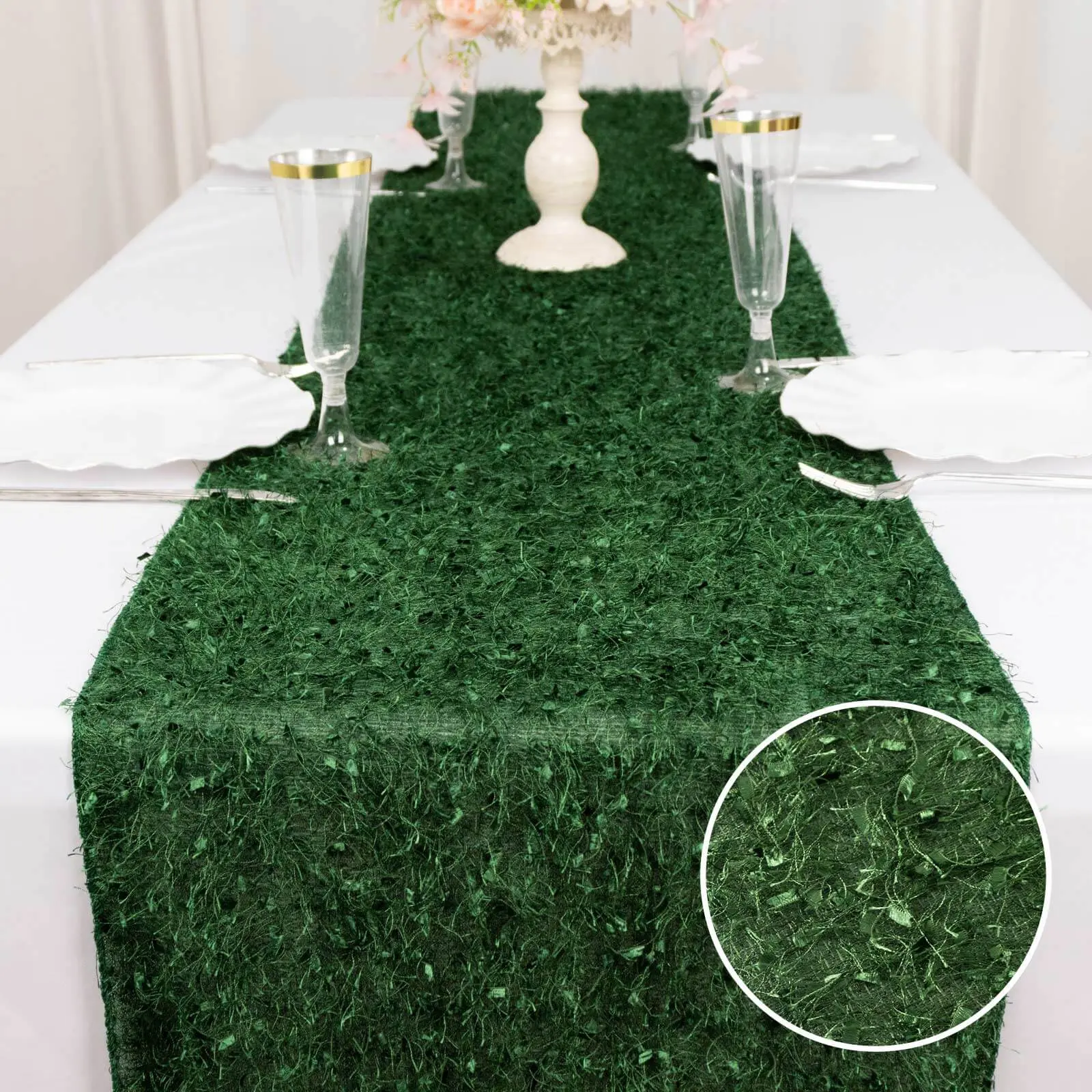 Polyester Table Runner, 12"x108" Green with Fringe Shag Design, Decorative Linen for Dining, Event, Party Decor