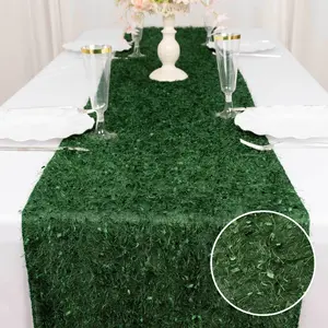 Polyester Table Runner 12"x108" Green with Fringe Shag Design Linen