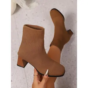 Women’s fashion knit solid-color short boots, comfortable elegant slip-on ankle boots with a chunky heel, versatile square-toe casual sock boots