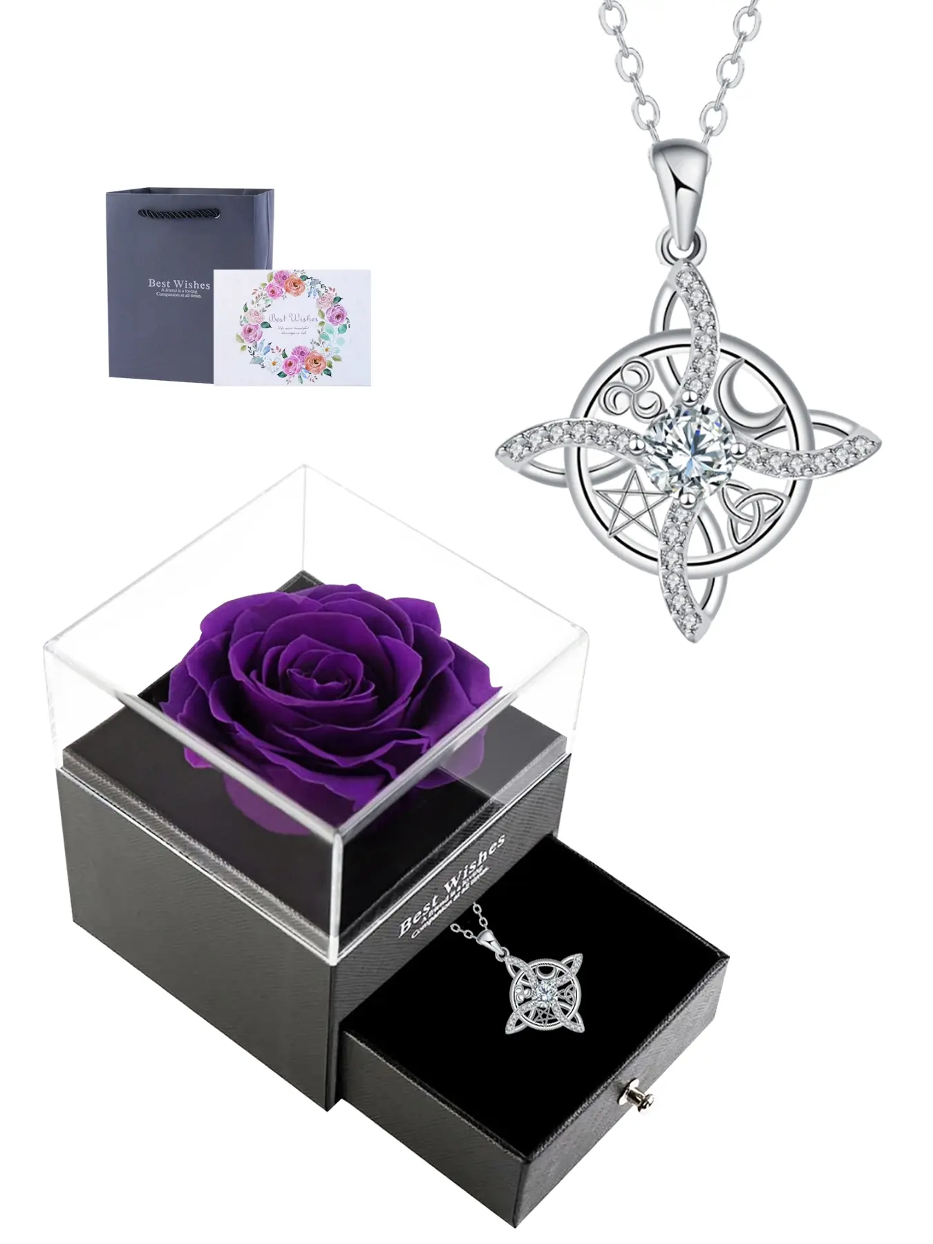 Witches Knot Protection Necklace With Purple Rose Jewelry Gift Box, Birthday Gift Jewelry, Hecate Goddess Jewelry, Good Luck Knot Jewelry Gift for Women Wife Mom, Charms Necklace, Hekate Pendant, Amulet Necklace