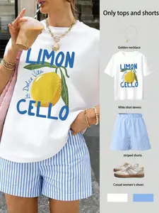 2PCS Limoncello Print Two Piece Set | Lemon Graphic T-Shirt + Striped Shorts | Womenswear | Trendy Summer Outfit for Women | TikTok Viral 2026| Casual Beach & Vacation Wear | Y2K Aesthetic | Available in Pink & Blue Stripes | Fitted
