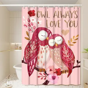 1pc Romantic Owl Couple Shower Curtain, Floral Golden Leaves Bathroom Decor, Tranquil Nature-Inspired Design, 70.9x70.9in Hanging Curtain with Hooks, Ideal Gift for Valentine's Day or Anniversary
