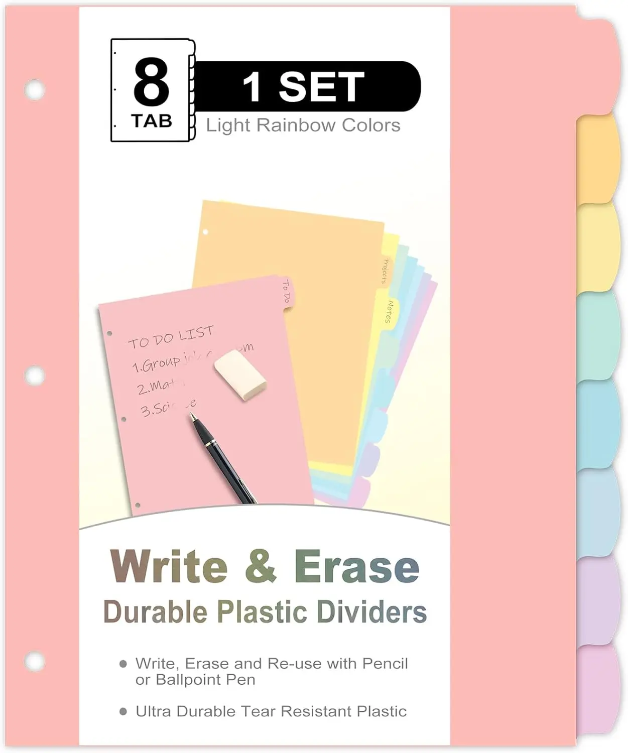 8-Count/1-Set Write & Erase Binder Dividers with Tabs, Durable Plastic 8-Tab Office Accessories for Letter-Size 3-Ring Binders, Pastel Separators for Student Document Organization (School/Home/Office Use)