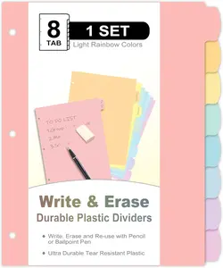 8 Count/1 Set Write & Erase Binder Dividers with Tabs, Durable Plastic 8 Tab Dividers for 3 Ring Binder Letter Size, Separators for Student School Home Office Document Organizer, Pastel