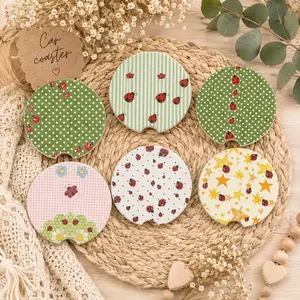 Ladybug Car Coasters Set, Green Cottagecore Car Accessories, Cute Floral Ceramic Car Coaster, Absorbent Cup Holder Coaster Gift