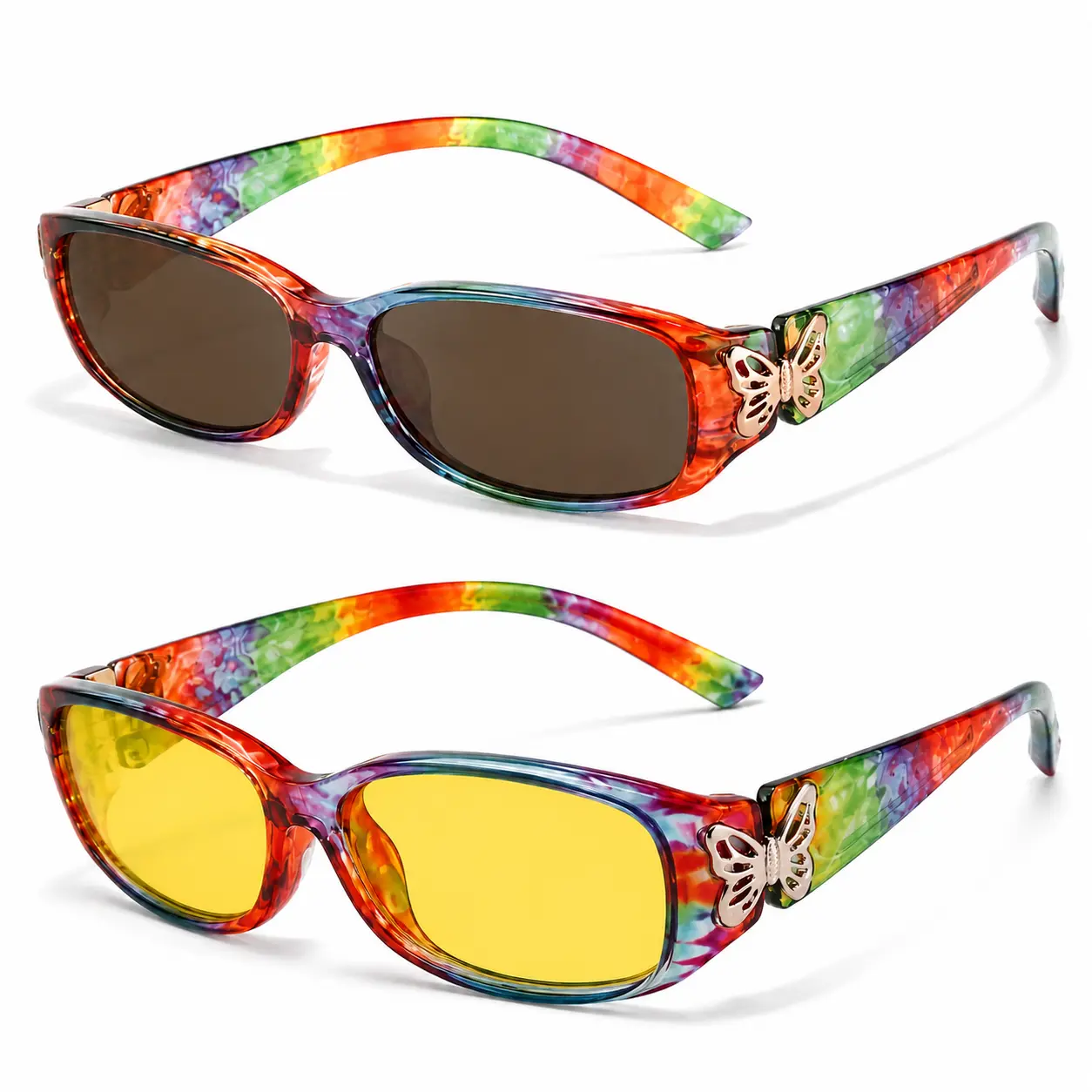 2-Pair Day and Night Glasses Set, Matching Frame Sunglasses and Night Driving Glasses for Driving, Travel, Outdoor Activities, Daytime Sun and Evening Road Use