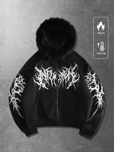 Unisex Y2K Gothic Angel Print Hooded Jacket, Fleece Lined, Zipper Design, Street Fashion, Warm and Stylish, Outdoor and Daily Wear